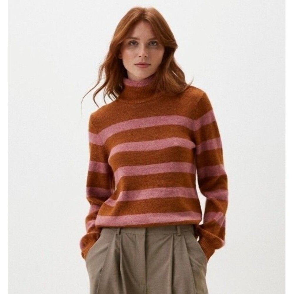 ICHI Brown & Pink Striped Turtleneck Pullover Sweater LARGE?(Size Tag missing)